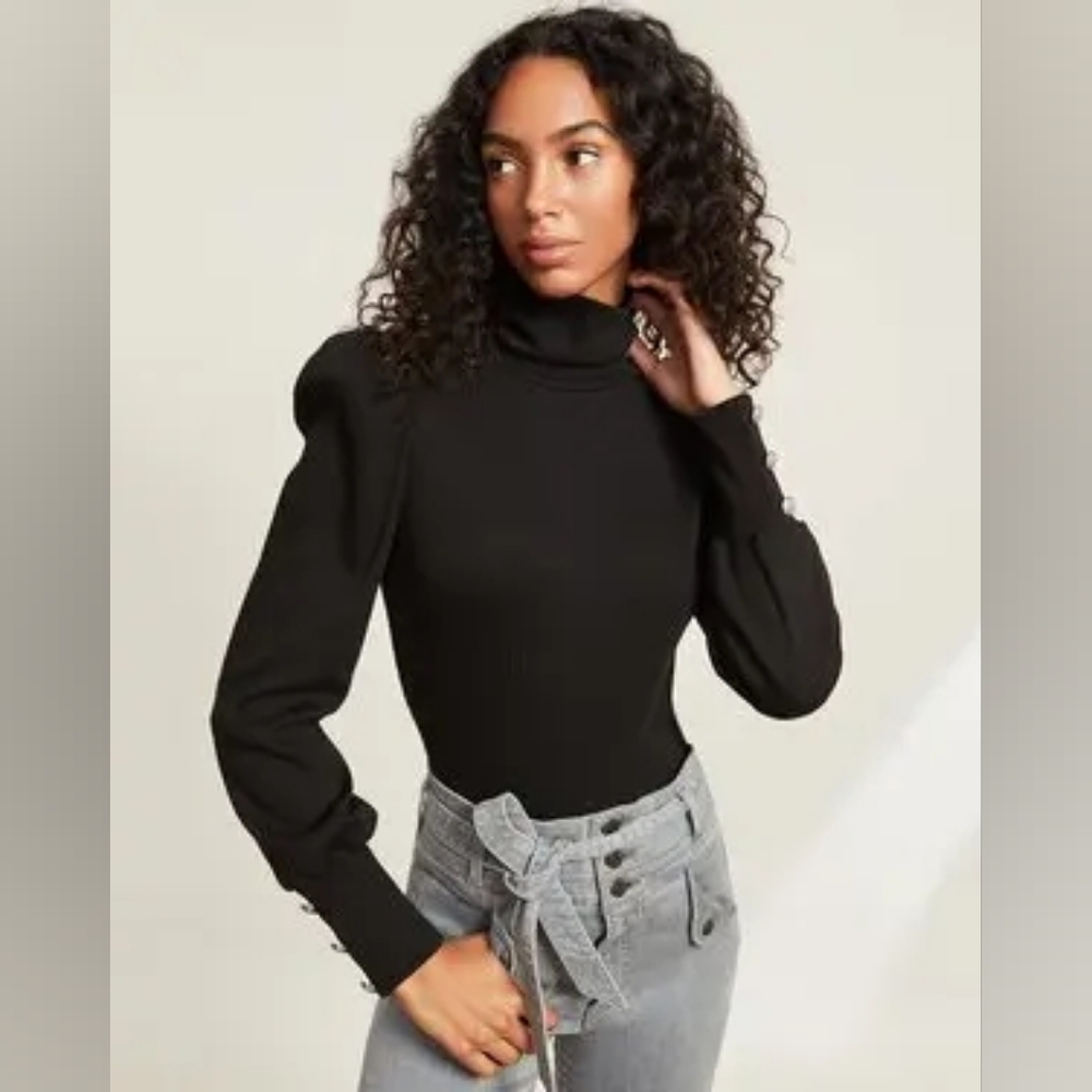 Veronica Beard Juno Puff Sleeve Blackβ Rib Stretch Cotton Turtleneck Long Sleeve